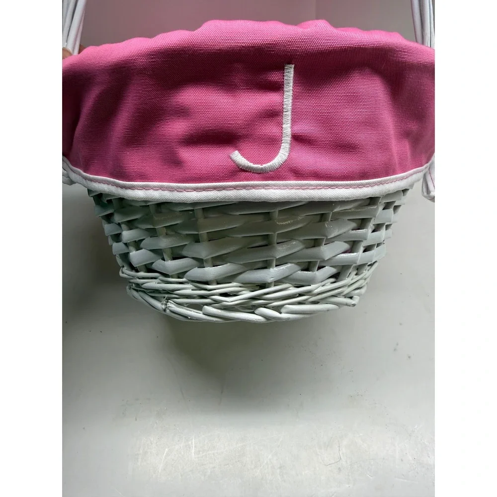 White Wicker Easter Basket with Pink Initial J Embroidered Liner and Handle
